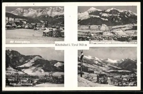 AK Kitzbühel i. Tirol, Ortsansichten mit Kaisergebirge, gegen Hahnenkamm, Übungswiese