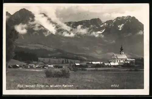 AK Söll /Tirol, Ortspanorama m. Wildem Kaiser