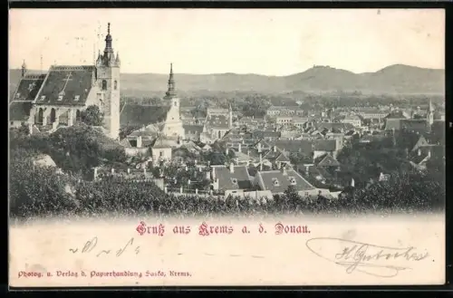 AK Krems a. d. Donau, Totalansicht mit Kirche aus der Vogelschau