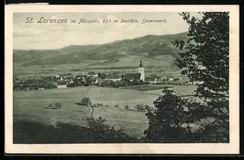 AK St. Lorenzen im Mürztale, Gesamtansicht mit Umgebung aus der Vogelschau