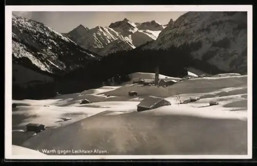 AK Warth, Ortsansicht im Winter gegen Lechtaler Alpen