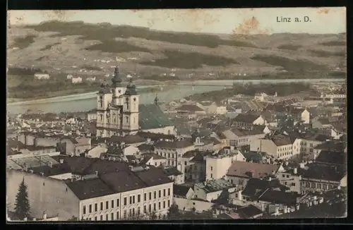 AK Linz a. D., Totalansicht mit Turmgebäude und Donaubrücke