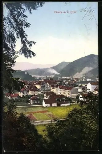 AK Bruck a. d. Mur, Blick über die Dächer des Ortes vom Berg aus