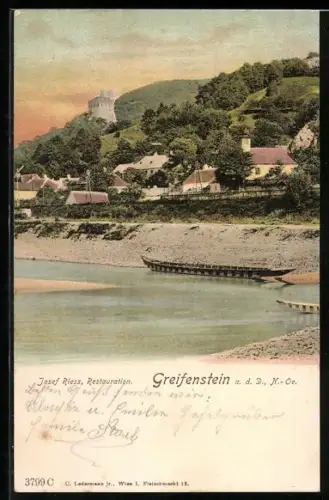 AK Greifenstein /Donau, Blick von der Donau zur Burgruine