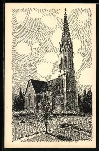 Künstler-AK Mürzzuschlag, Blick auf die Heilandskirche