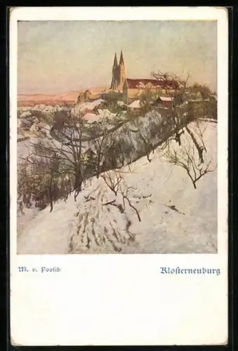 Künstler-AK Klosterneuburg, Teilansicht mit Kirche im Winter