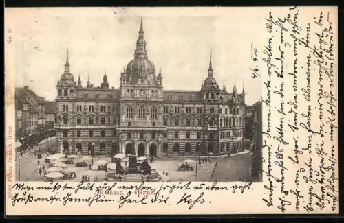 AK Graz, Rathaus und Marktbetrieb aus der Vogelschau