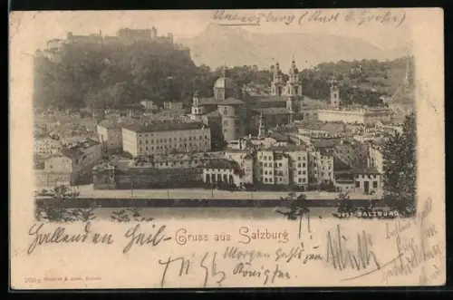AK Salzburg, Teilansicht mit Burg aus der Vogelschau