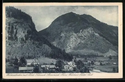AK Weichselboden /Steiermark, Ortsansicht mit Hoch Türnach, H. Walchers Hotel Post