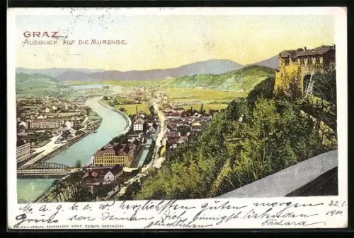 AK Graz, Ortsansicht mit Blick auf die Murenge