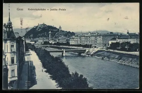 AK Graz, Stadtpanorama mit Radetzkybrücke und Justizpalast