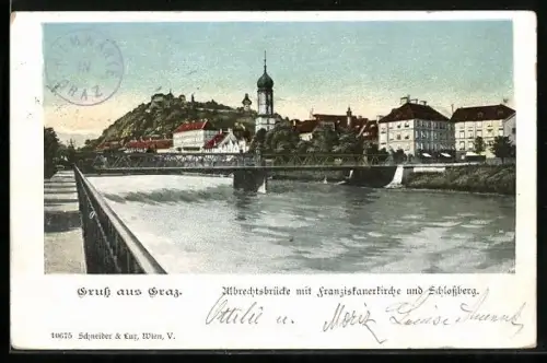 AK Graz, Albrechtsbrücke mit Franziskanerkirche und Schlossberg