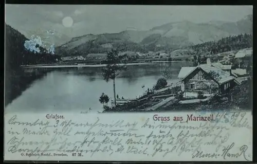 Mondschein-AK Mariazell, Erlafsee mit Ufergebäuden