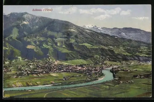 AK Schwaz /Tirol, Gesamtansicht mit Fluss und Bergen