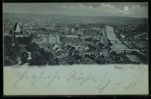 Mondschein-AK Graz, Totalansicht mit Brücken aus der Vogelschau