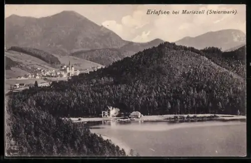 AK Mariazell /Steiermark, Erlafsee mit Ort und Bergpanorama