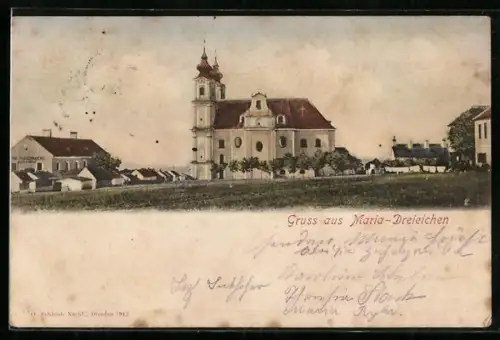 AK Maria-Dreieichen, Ortspanorama mit Kirche