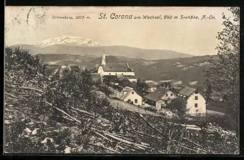 AK St. Corona am Wechsel, Ortsansicht mit Schneeberg