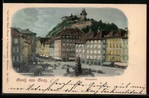 AK Graz, Hauptplatz mit Markt und Schlossberg