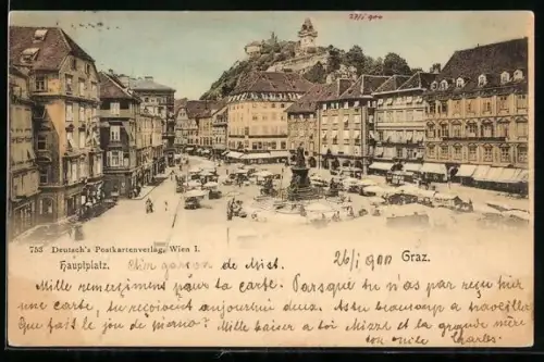 AK Graz, Hauptplatz mit Marktbetrieb, Uhrturm, Denkmal