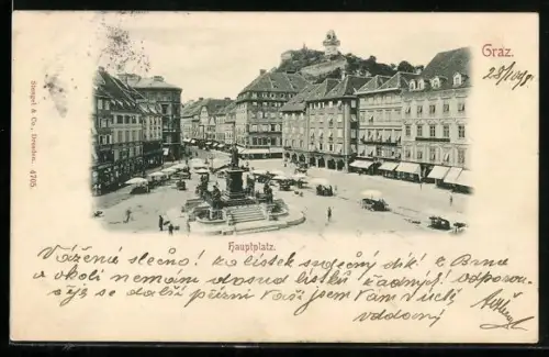 AK Graz, Hauptplatz aus der Vogelschau, mit Denkmal u. Marktbetrieb, Uhrturm