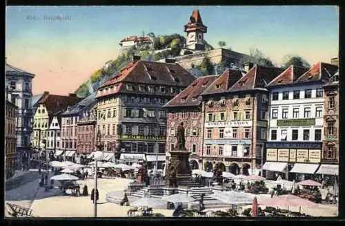AK Graz, Hauptplatz, Marktgeschehen, Denkmal, Uhrturm