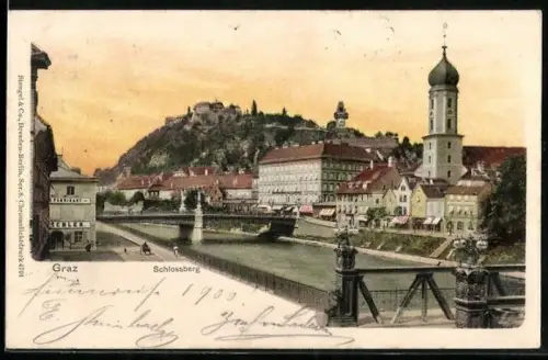 AK Graz, Schlossberg, Panorama mit Brücke