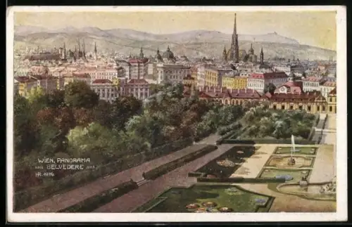 Künstler-AK Wien, Stadtpanorama, Ansicht vom Belvedere aus