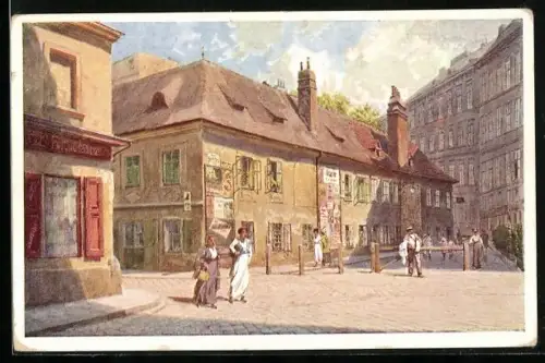 Künstler-AK Ludwig Hans Fischer: Wien, Hechtengasse mit Schranke, Leute, Häuser