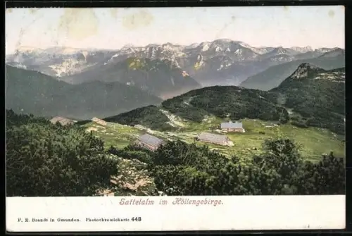 AK Ebensee, Sattelalm im Höllengebirge aus der Vogelschau
