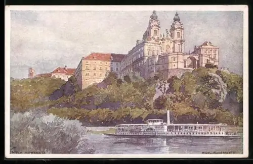 Künstler-AK Rudolf Schmidt: Melk, Schlossansicht mit Dampfer
