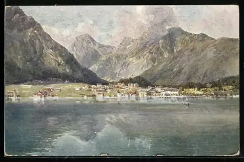 Künstler-AK Achensee, Seepartie mit Ortspanorama