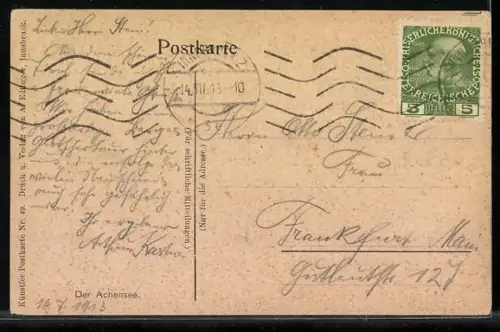 Künstler-AK Achensee, Seepartie mit Ortspanorama