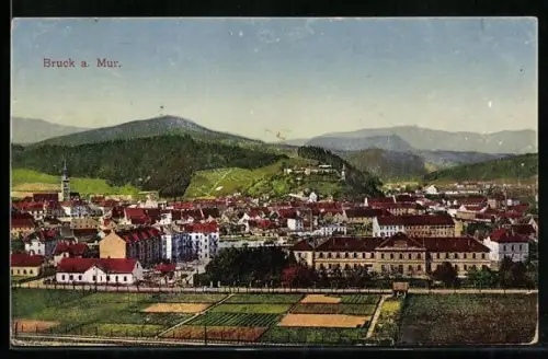 AK Bruck a. Mur, Ortsansicht mit Feldern u, Bergen