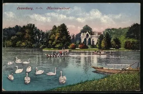 AK Laxenburg /N.-Oe., Marianneninsel mit Gebäude, Ruderboote, Schwäne
