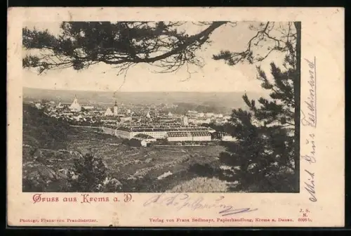 AK Krems a. D., Ortsansicht mit Kaserne aus der Vogelschau