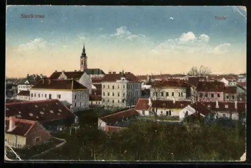 AK Stockerau, Totalansicht mit Kirche aus der Vogelschau
