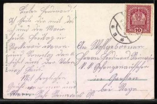 AK Stockerau, Totalansicht mit Kirche aus der Vogelschau