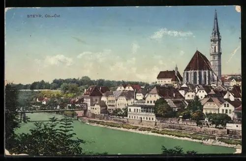 AK Steyr /Ob.-Ö., Teilansicht mit Brücke u. Kirche