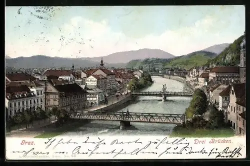 AK Graz, Drei Brücken aus der Vogelschau