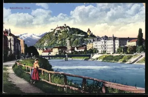 AK Graz, Schlossberg und Uferpromenade mit Brücke