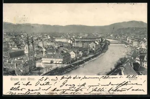 AK Graz, Totalansicht mit Brücke aus der Vogelschau