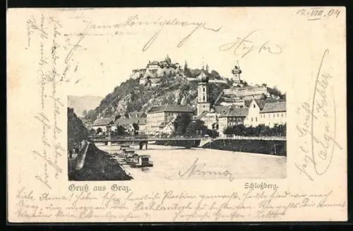 AK Graz, Schlossberg, Ortsansicht mit Brücke