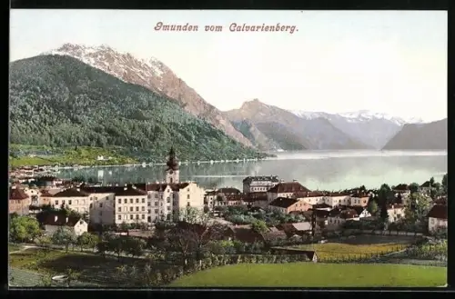 AK Gmunden, Gesamtansicht vom Calvarienberg, Kirche