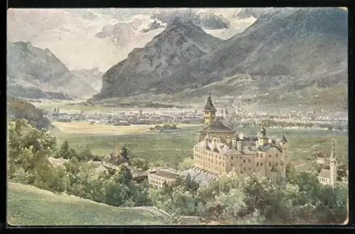 Künstler-AK Innsbruck, Schloss Ambras mit Stadtansicht