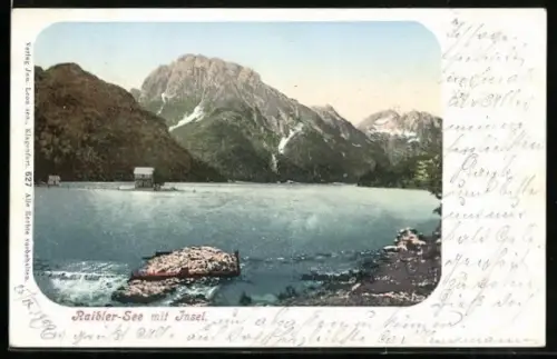 AK Raibl, Raibler-See, Seepartie mit Insel u. Bergpanorama