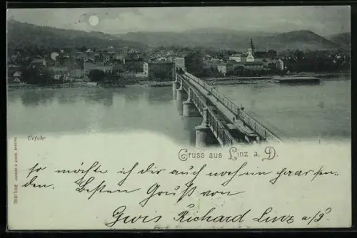 Mondschein-AK Linz a. D., Stadtpanorama mit Brucke aus der Vogelschau