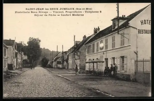 AK Saint-Jean-les-Deux-Jumeaux /Sne et-Mne, Hostellerie Beau Rivage et rue pavée avec habitants