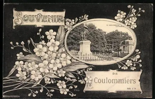 AK Coulommiers, Le monument du Commandant Judlin et le tramway dans un cadre floral