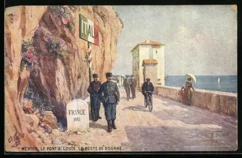 AK Menton, Le Pont S. Louis, Le Poste de Douane, Posten in Uniform an französisch-italienischer Grenze